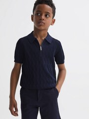 Reiss Navy Ubud Junior Half-Zip Textured Polo T-Shirt - Image 1 of 6