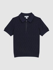 Reiss Navy Ubud Junior Half-Zip Textured Polo T-Shirt - Image 2 of 6