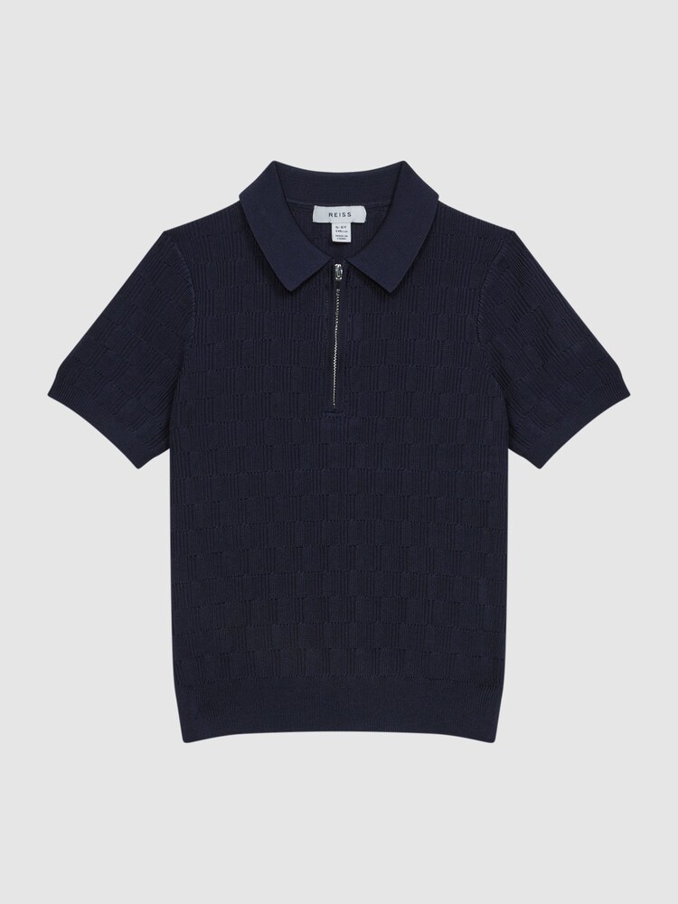 Reiss Navy Ubud Junior Half-Zip Textured Polo T-Shirt - Image 2 of 6
