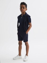 Reiss Navy Ubud Junior Half-Zip Textured Polo T-Shirt - Image 3 of 6