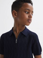 Reiss Navy Ubud Junior Half-Zip Textured Polo T-Shirt - Image 4 of 6