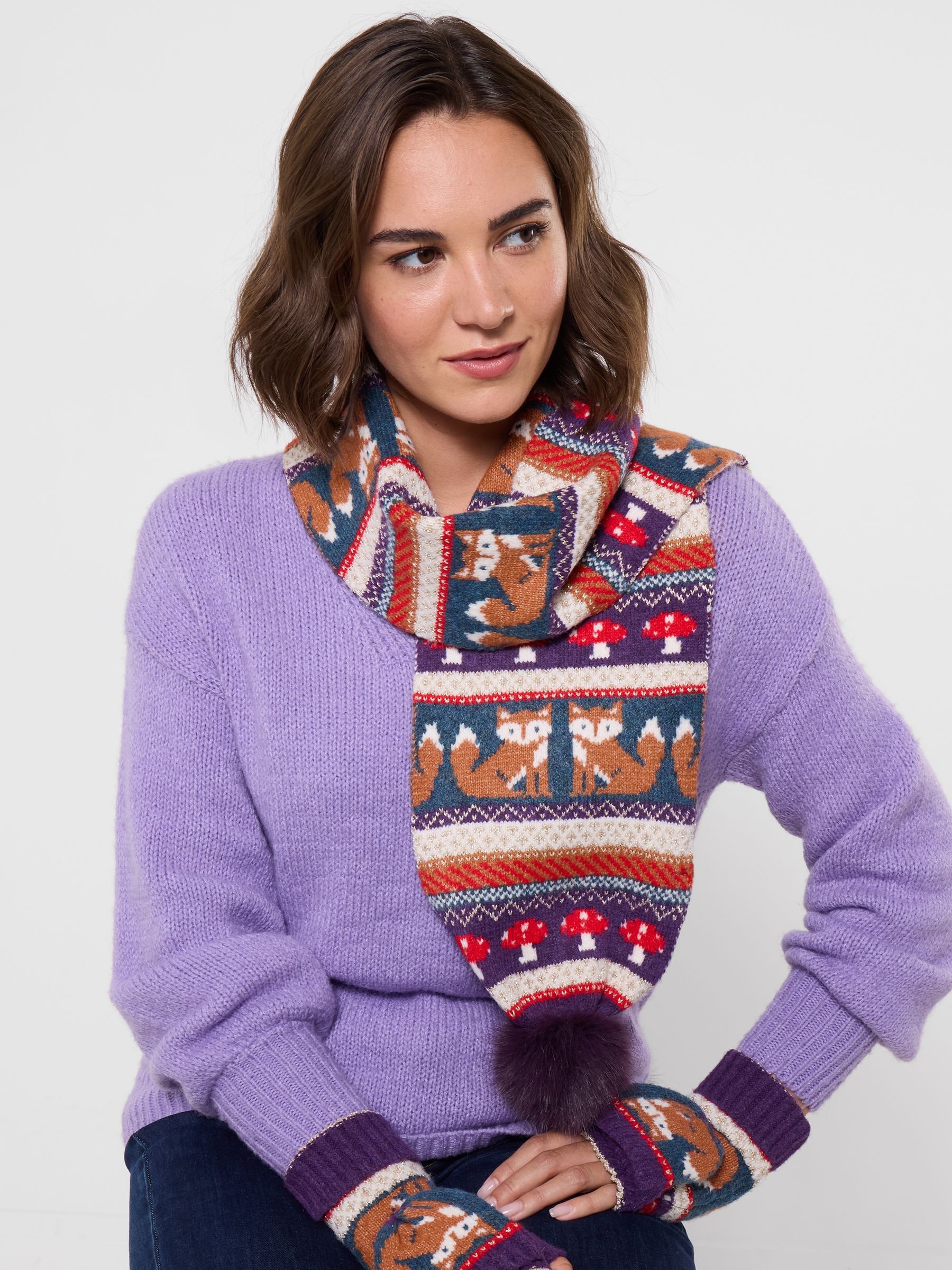 Joe Browns Women's Foxy Fairisle Winter Pom Scarf in Purple - Image 3