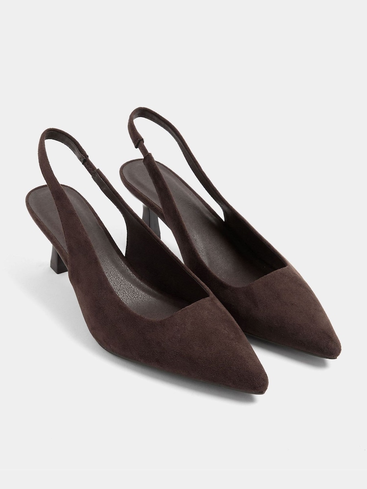Yours Curve Brown Faux Suede Sling Back Heels In Wide E Fit - Image 1 of 4 Yours Curve Brown Faux Suede Sling Back Heels In Wide E Fit - Image 1 of 4