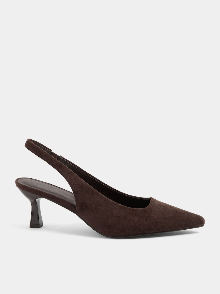 Yours Curve Brown Faux Suede Sling Back Heels In Wide E Fit - Image 2 of 4 Yours Curve Brown Faux Suede Sling Back Heels In Wide E Fit - Image 2 of 4
