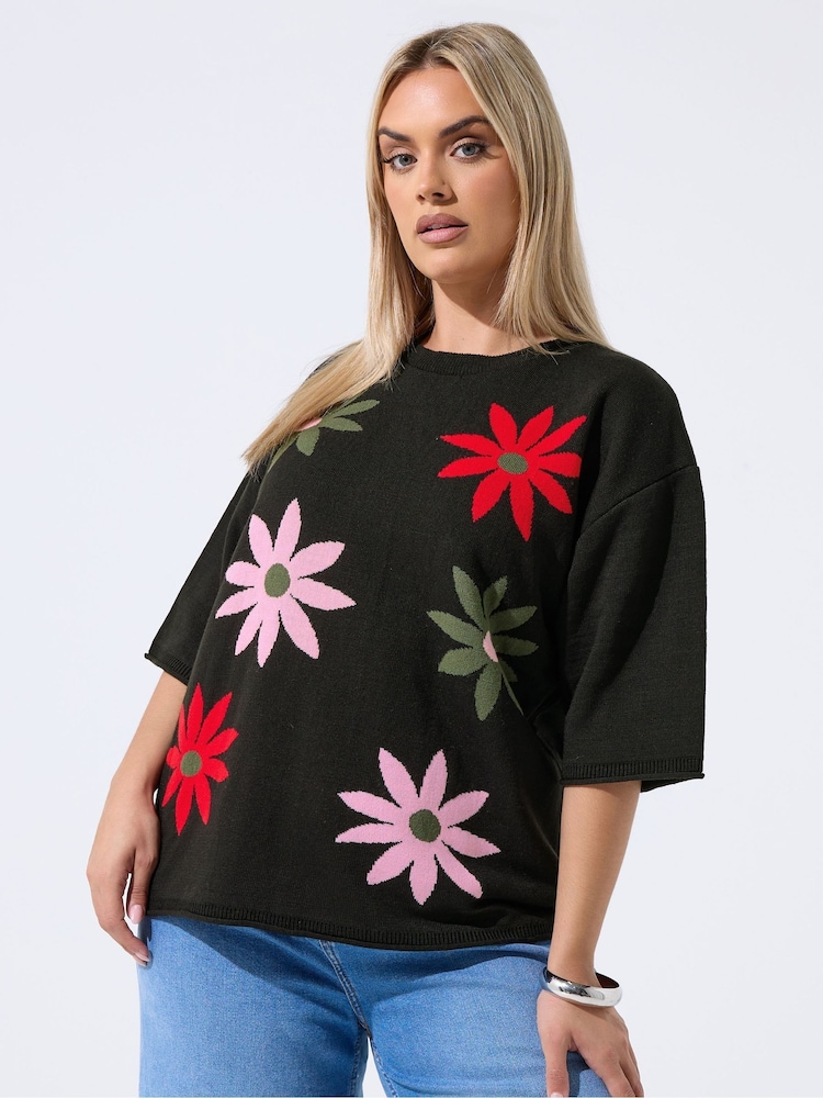 Yours Curve Black Limited Floral Knitted Boxy Top - Image 1 of 6 Yours Curve Black Limited Floral Knitted Boxy Top - Image 1 of 6