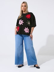 Yours Curve Black Limited Floral Knitted Boxy Top - Image 5 of 6