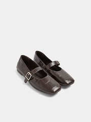 Yours Curve Brown Croc Print Wide Fit Buckle Detail Mary Jane Flats - Image 1 of 4