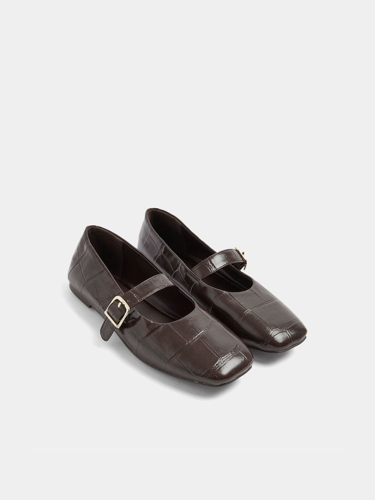 Yours Curve Brown Croc Print Wide Fit Buckle Detail Mary Jane Flats - Image 1 of 4