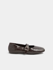 Yours Curve Brown Croc Print Wide Fit Buckle Detail Mary Jane Flats - Image 2 of 4