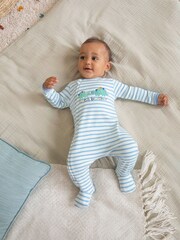 JoJo Maman Bébé Blue Little Brother Embroidered Zip Sleepsuit - Image 1 of 4