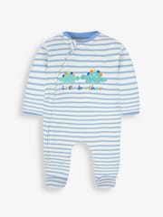 JoJo Maman Bébé Blue Little Brother Embroidered Zip Sleepsuit - Image 3 of 4