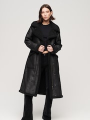 Superdry Black 100% Cotton Faux Shearling Longline Coat - Image 1 of 6