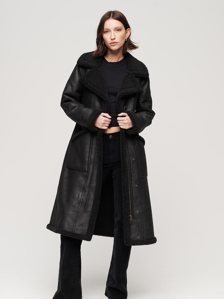 Superdry Black 100% Cotton Faux Shearling Longline Coat - Image 1 of 6