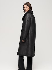 Superdry Black 100% Cotton Faux Shearling Longline Coat - Image 2 of 6