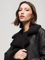 Superdry Black 100% Cotton Faux Shearling Longline Coat - Image 3 of 6