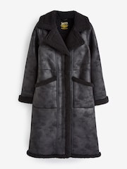 Superdry Black 100% Cotton Faux Shearling Longline Coat - Image 4 of 6