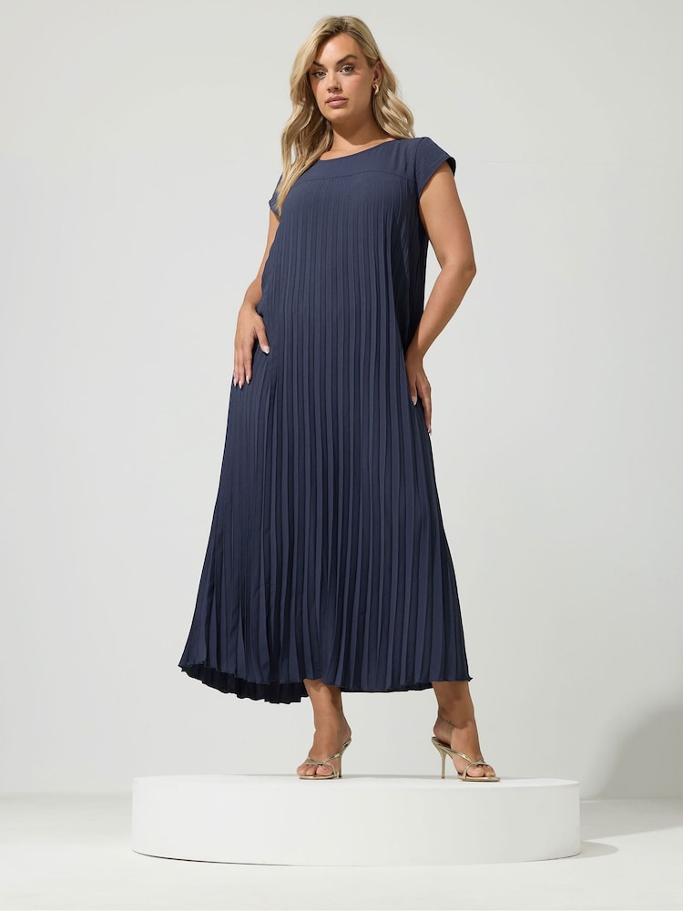 Yours Curve Blue London Pleated Maxi Dress - Image 1 of 6