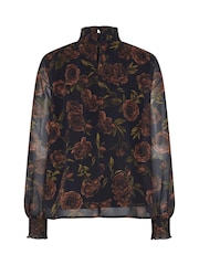 Long Tall Sally Black Floral Shirred High Neck Blouse - Image 6 of 6