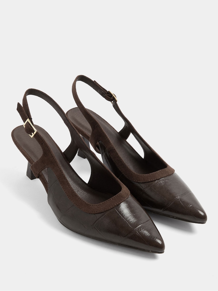 Yours Curve Brown Extra Wide Fit Croc Embossed Slingback Heels - Image 2 of 5 Yours Curve Brown Extra Wide Fit Croc Embossed Slingback Heels - Image 2 of 5