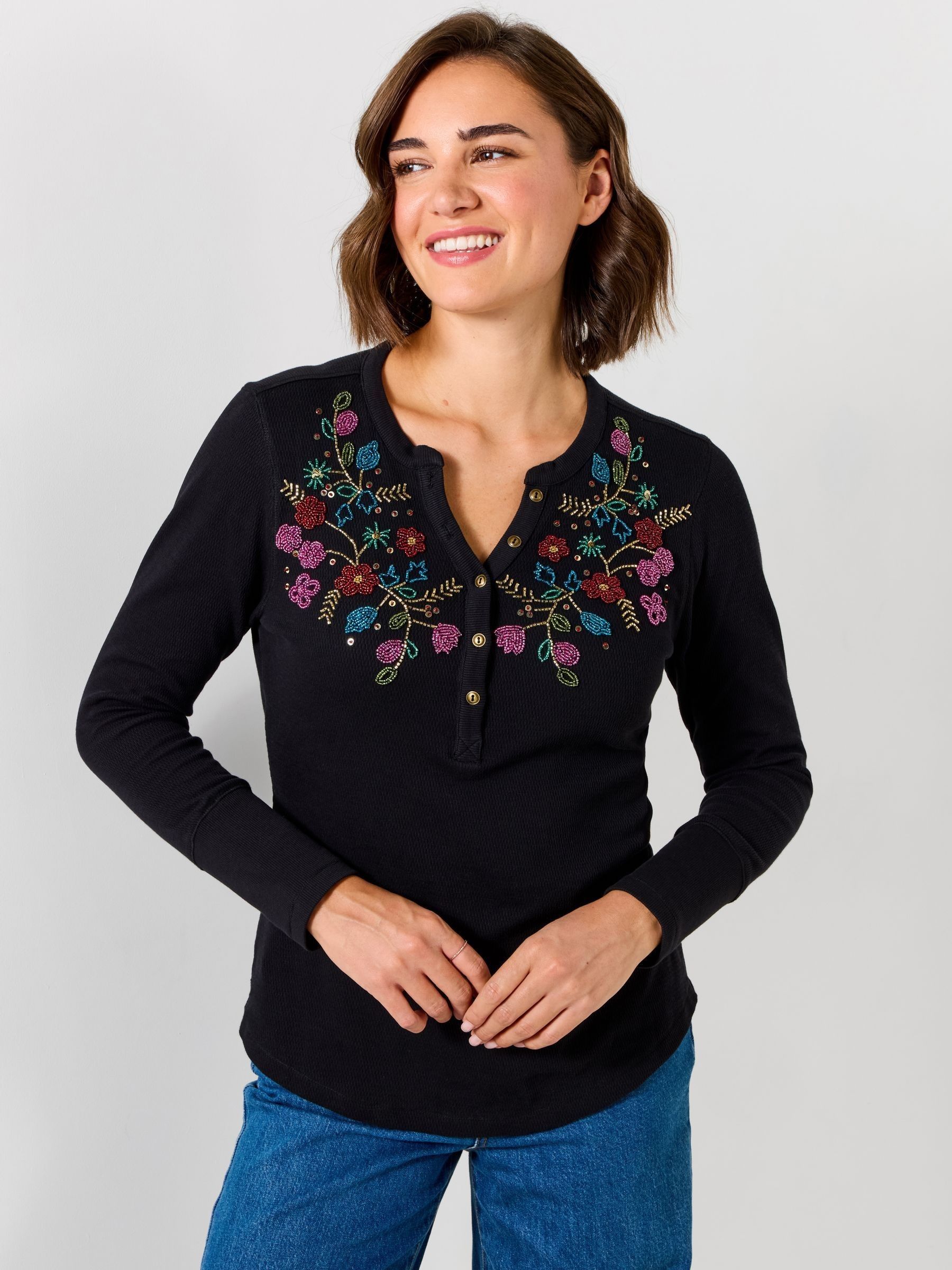 Henley Jersey Top With Floral Beading Size 24 Black Women's - Image 2