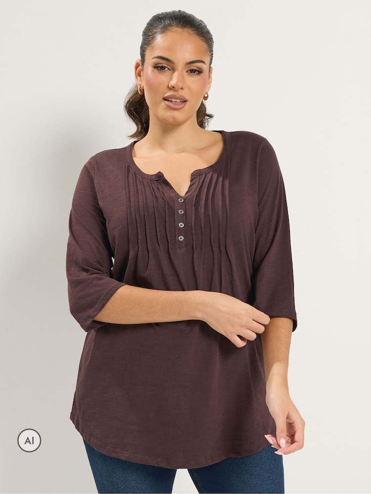 Yours Curve Brown Spot Pintuck Henley Top - Image 1 of 6