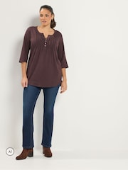 Yours Curve Brown Spot Pintuck Henley Top - Image 2 of 6