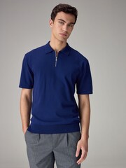 Cobalt Blue Knitted Regular Fit Zip Polo Shirt - Image 1 of 8