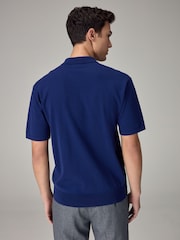 Cobalt Blue Knitted Regular Fit Zip Polo Shirt - Image 3 of 8