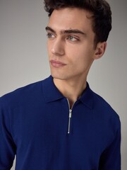 Cobalt Blue Knitted Regular Fit Zip Polo Shirt - Image 4 of 8