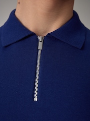 Cobalt Blue Knitted Regular Fit Zip Polo Shirt - Image 5 of 8