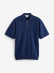 Cobalt Blue Knitted Regular Fit Zip Polo Shirt - Image 6 of 8