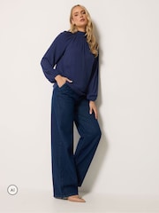 Blauw - Long Tall Sally blouse met strik bij de hals, gemaakt van kreukelkatoen - Afbeelding 3 van 6