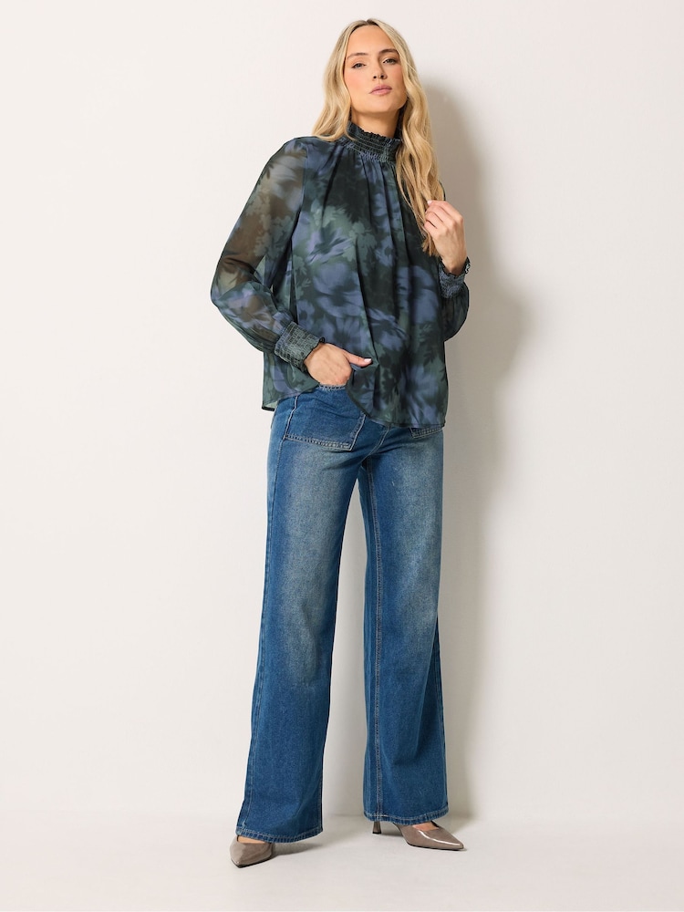 Long Tall Sally Blue Floral Shirred High Neck Blouse - Image 2 of 6 Long Tall Sally Blue Floral Shirred High Neck Blouse - Image 2 of 6