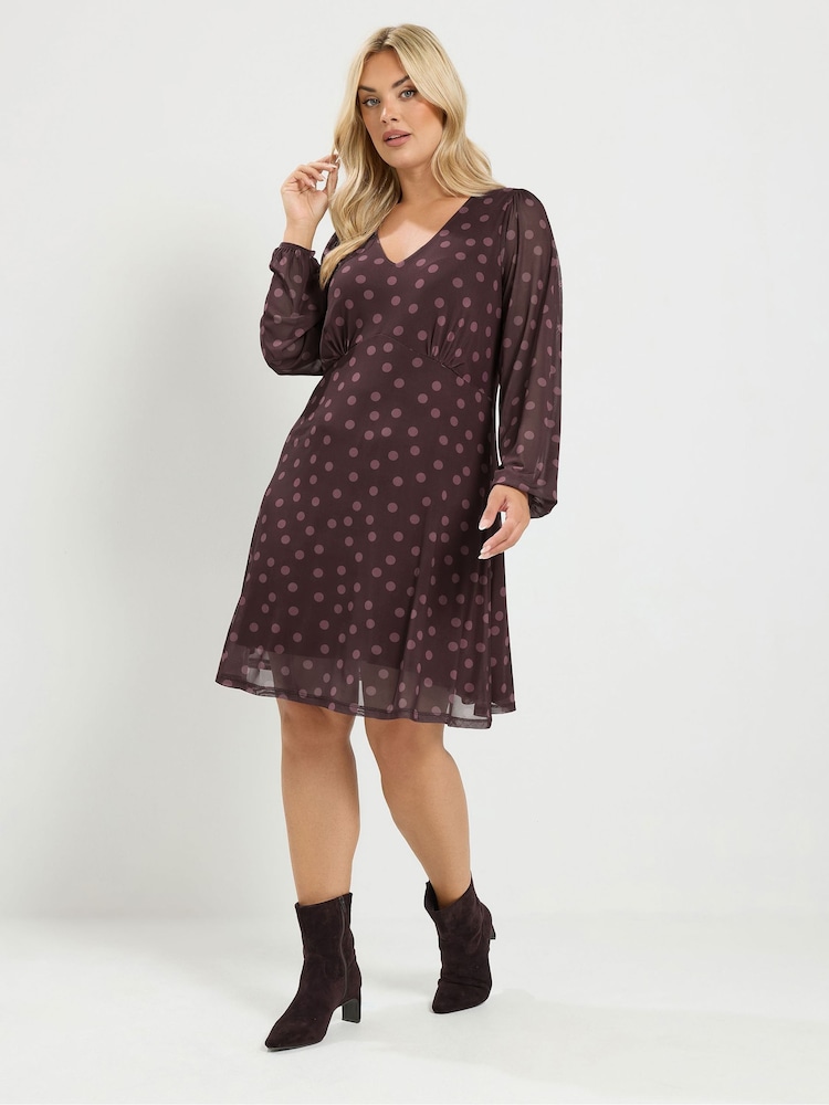 Yours Curve Gepunktetes Netzstoffkleid mit Ballonärmeln - Bild 1 von 6