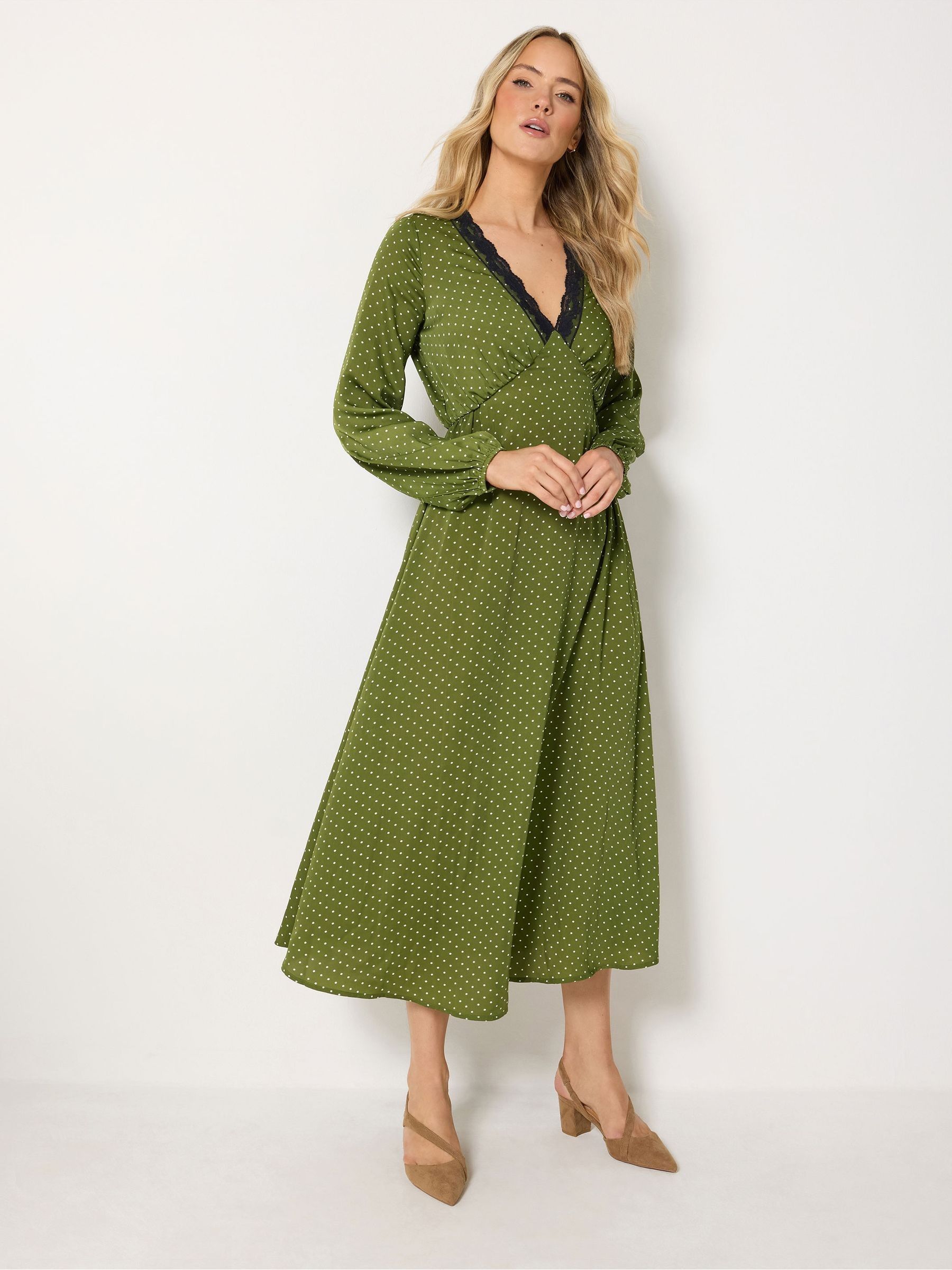 Long Tall Sally Women's Olive Tall Polka Dot Lace Detail Satin Midi Dress In | : Size 24 - Image 3