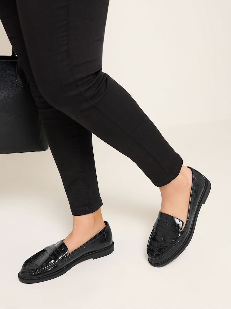 Yours Curve Black Extra Wide Fit Croc Embossed Loafers - Image 1 of 5