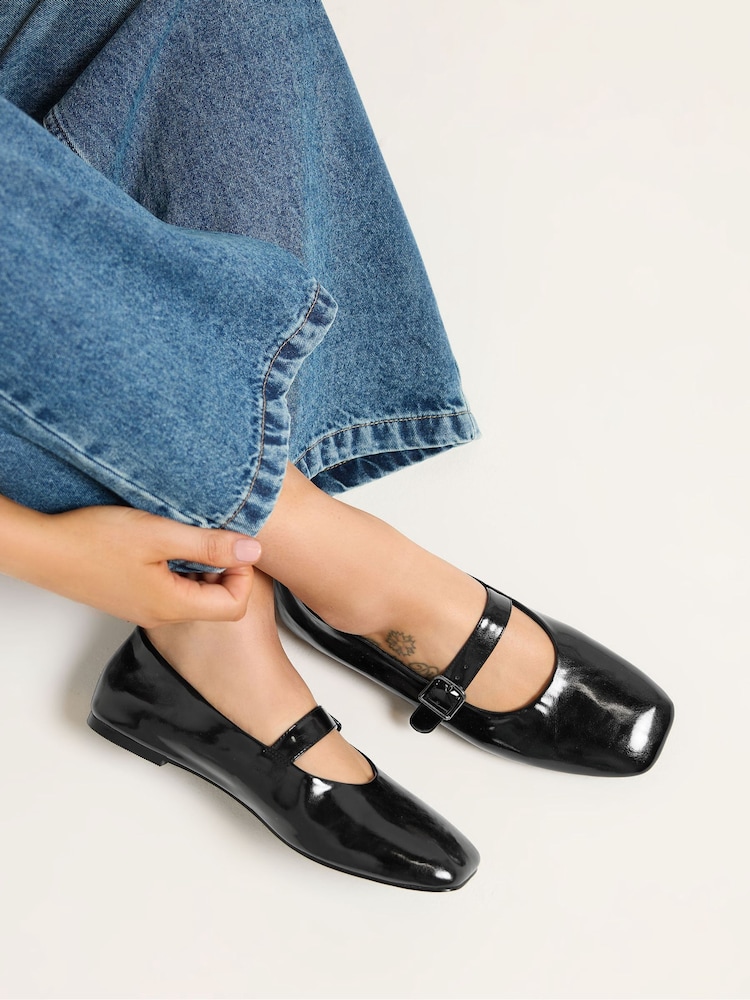 Yours Curve Black Patent Wide Fit Buckle Detail Mary Jane Flats - Image 1 of 5