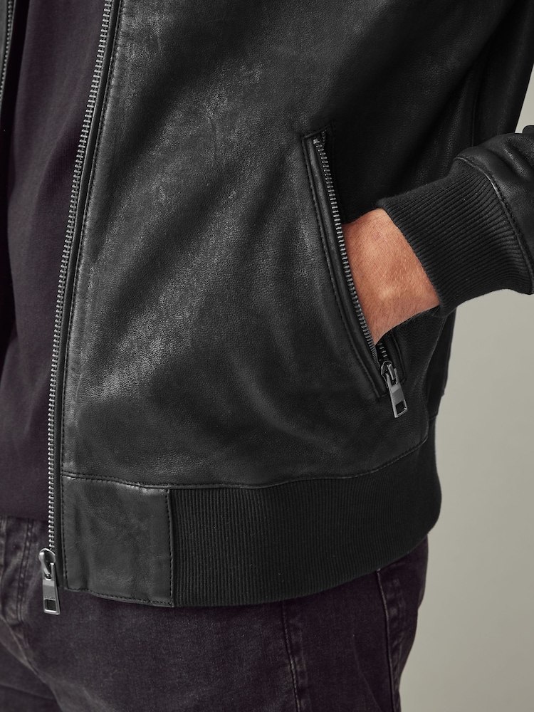 Black Nubuck Leather Bomber Jacket - Image 10 of 16