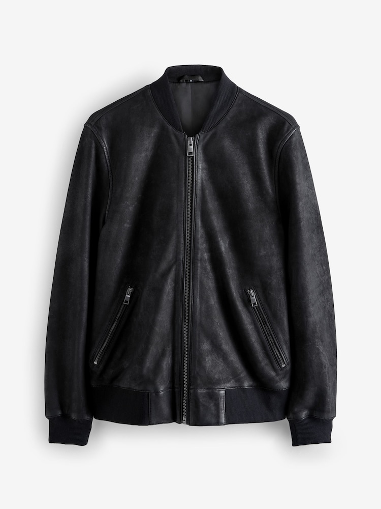 Black Nubuck Leather Bomber Jacket - Image 11 of 16