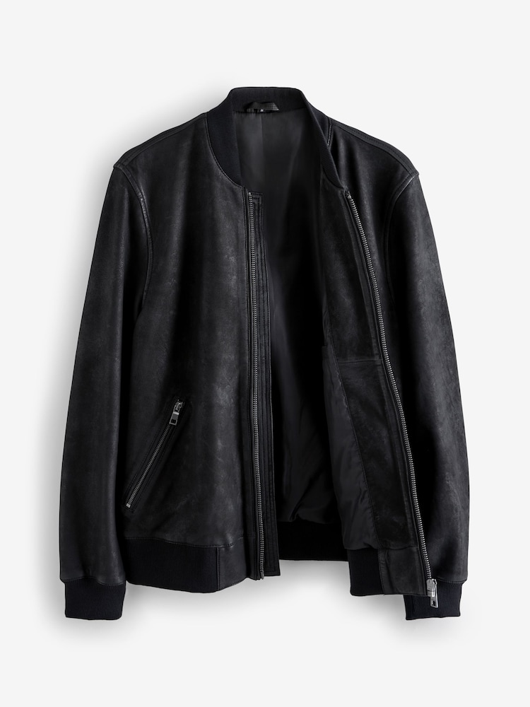 Black Nubuck Leather Bomber Jacket - Image 12 of 16