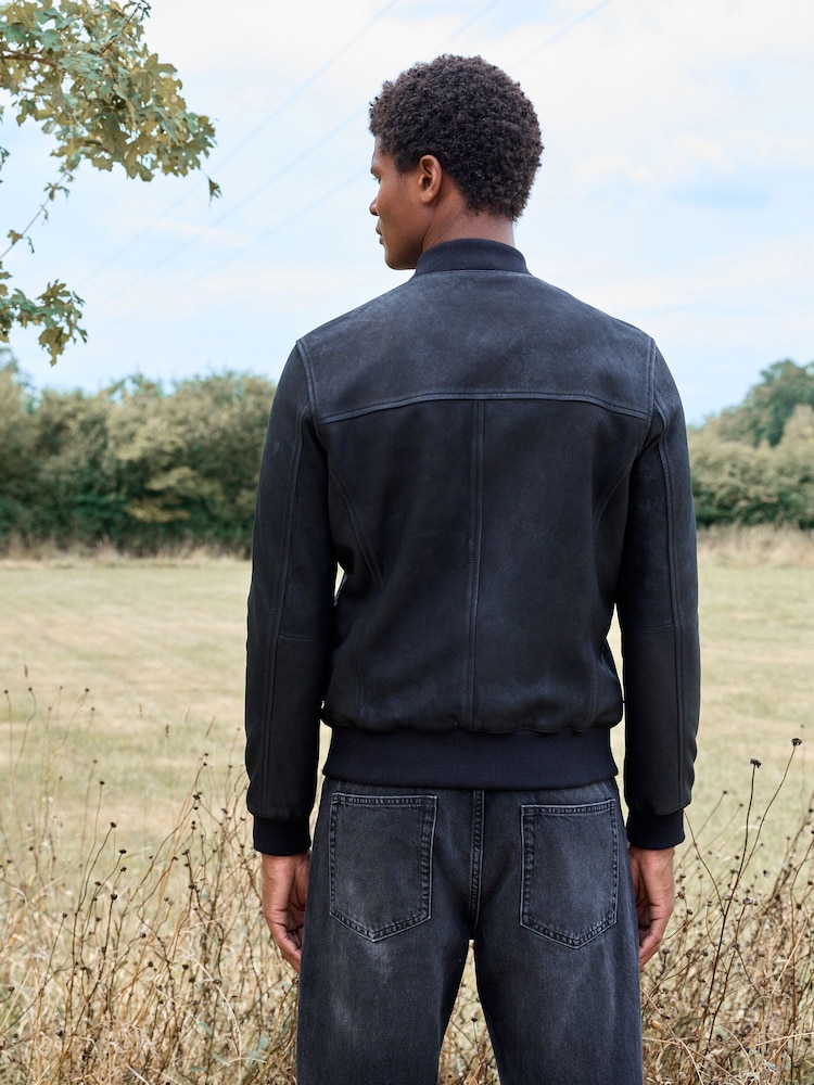 Black Nubuck Leather Bomber Jacket - Image 3 of 16