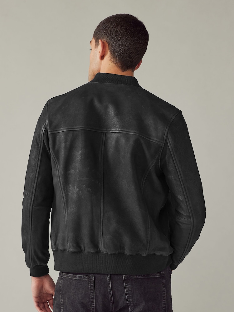 Black Nubuck Leather Bomber Jacket - Image 4 of 16