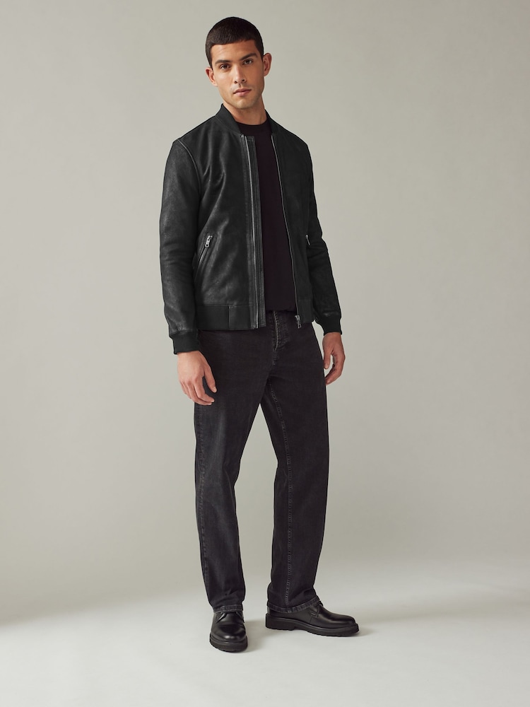 Black Nubuck Leather Bomber Jacket - Image 5 of 16