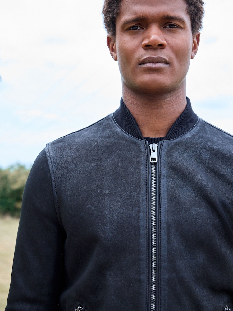 Black Nubuck Leather Bomber Jacket - Image 6 of 16