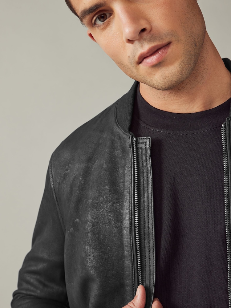 Black Nubuck Leather Bomber Jacket - Image 8 of 16