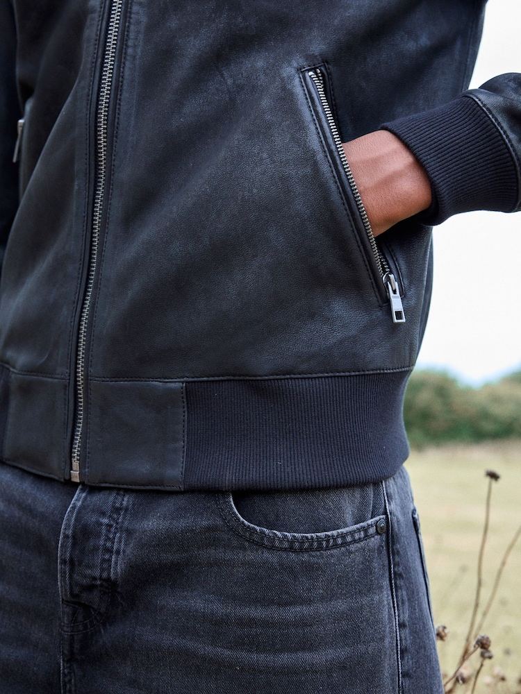 Black Nubuck Leather Bomber Jacket - Image 9 of 16