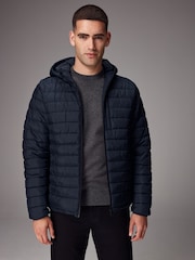 Navy Blue Shower Resistant Lightweight Hooded Puffer Coat Jacket - Image 1 of 14