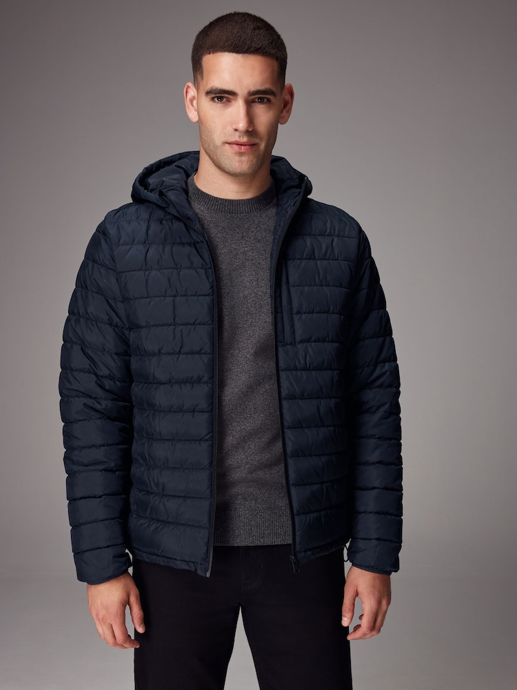 Navy Blue Shower Resistant Lightweight Hooded Puffer Coat Jacket - Image 1 of 14