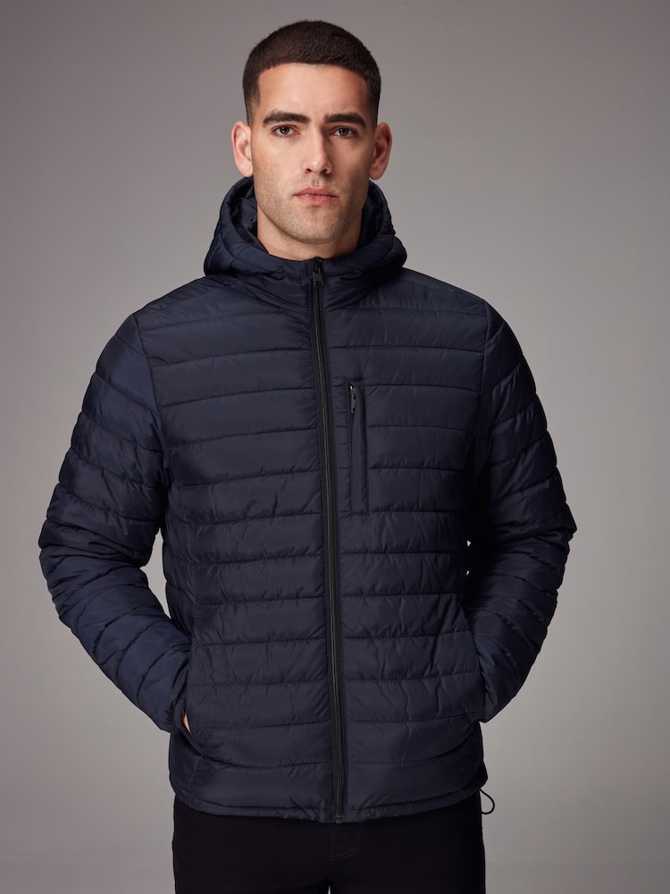 Bleu marine - Résistant à la douche Lightweight Hooded Puffer Coat Veste - Image 4 of 14