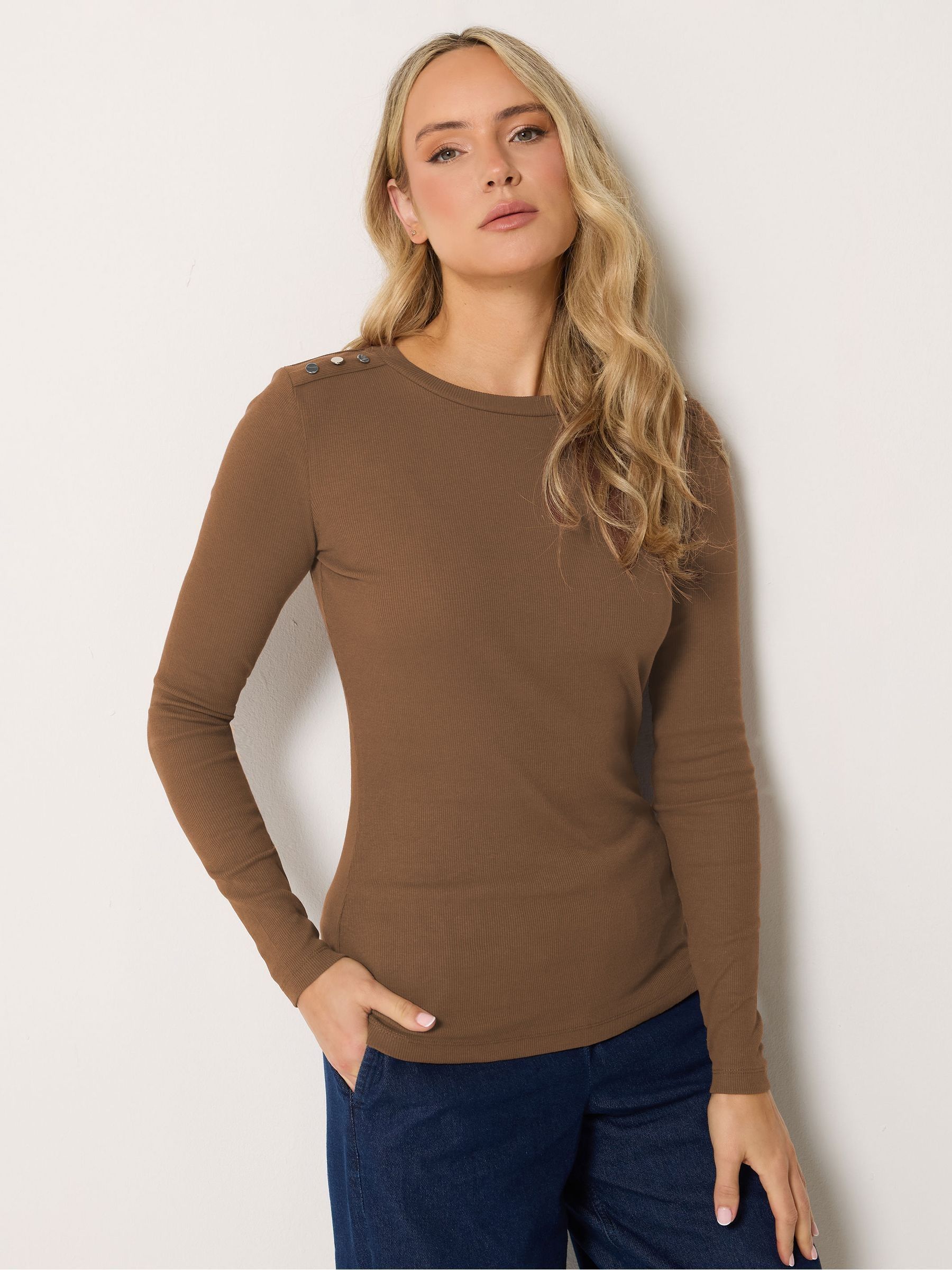 Long Tall Sally Women's Brown Ribbed Button Top - Image 1